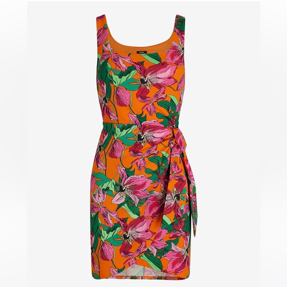 Floral Scoop Neck Wrap Front Tie Mini Sheath Dress